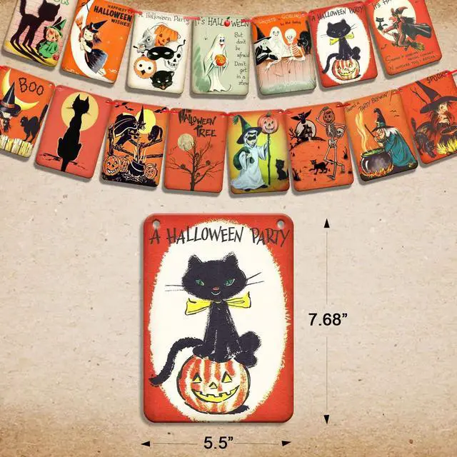 Alt view image 3 of 7 - Vintage Halloween Hanging Decorations, Retro Johanna Parker Decor | Pre-Strung Pumpkin Witch Ghost Cat Cartoon Patterns, Wall Bunting Garland Card Banner, Halloween Party Favor, Photo Supplies