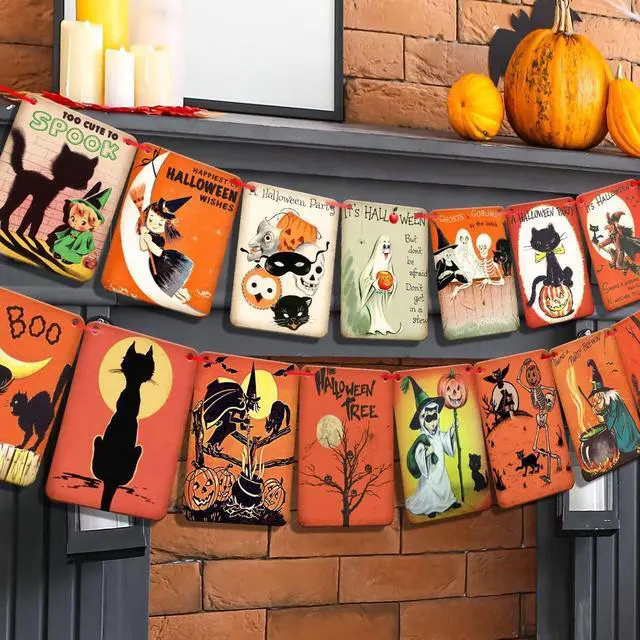 Main image of Vintage Halloween Hanging Decorations, Retro Johanna Parker Decor | Pre-Strung Pumpkin Witch Ghost Cat Cartoon Patterns, Wall Bunting Garland Card Banner, Halloween Party Favor, Photo Supplies