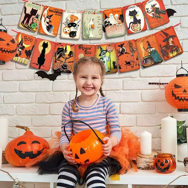 Alt view image 5 of 7 - Vintage Halloween Hanging Decorations, Retro Johanna Parker Decor | Pre-Strung Pumpkin Witch Ghost Cat Cartoon Patterns, Wall Bunting Garland Card Banner, Halloween Party Favor, Photo Supplies