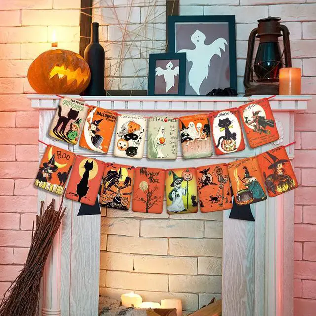 Alt view image 2 of 7 - Vintage Halloween Hanging Decorations, Retro Johanna Parker Decor | Pre-Strung Pumpkin Witch Ghost Cat Cartoon Patterns, Wall Bunting Garland Card Banner, Halloween Party Favor, Photo Supplies