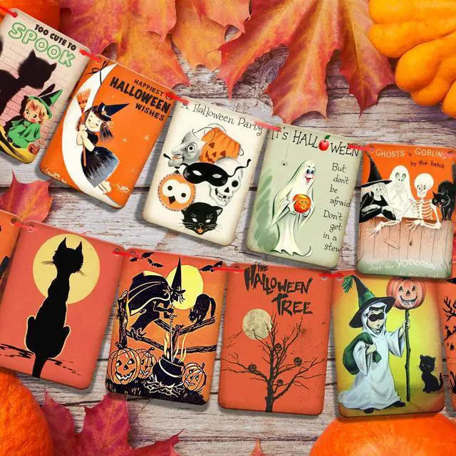 Alt view image 4 of 7 - Vintage Halloween Hanging Decorations, Retro Johanna Parker Decor | Pre-Strung Pumpkin Witch Ghost Cat Cartoon Patterns, Wall Bunting Garland Card Banner, Halloween Party Favor, Photo Supplies