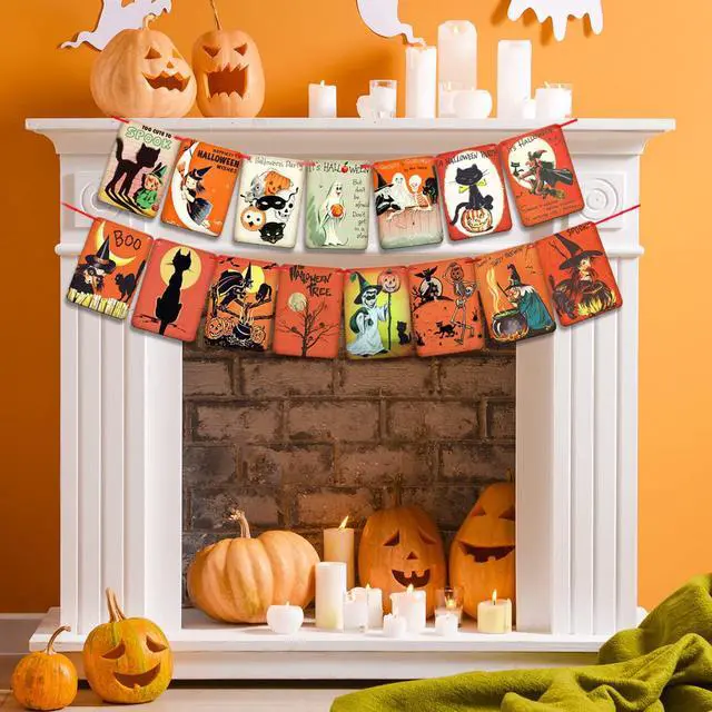 Alt view image 7 of 7 - Vintage Halloween Hanging Decorations, Retro Johanna Parker Decor | Pre-Strung Pumpkin Witch Ghost Cat Cartoon Patterns, Wall Bunting Garland Card Banner, Halloween Party Favor, Photo Supplies