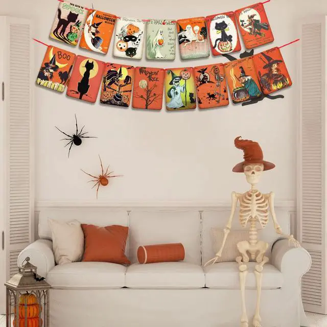 Alt view image 6 of 7 - Vintage Halloween Hanging Decorations, Retro Johanna Parker Decor | Pre-Strung Pumpkin Witch Ghost Cat Cartoon Patterns, Wall Bunting Garland Card Banner, Halloween Party Favor, Photo Supplies