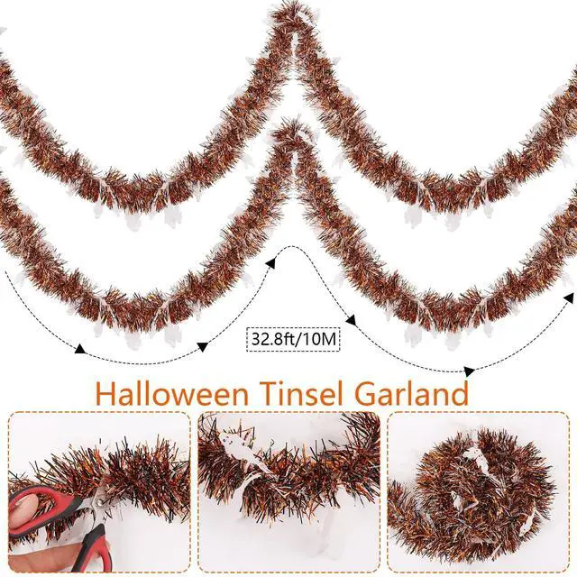 Alt view image 2 of 7 - 33ft Halloween Tinsel Garland Decorations, Cute Ghost Tinsel Garland Orange Black White Twist Decorations for Home Tree Mantle Golf Cart Indoor Outdoor Party Decor