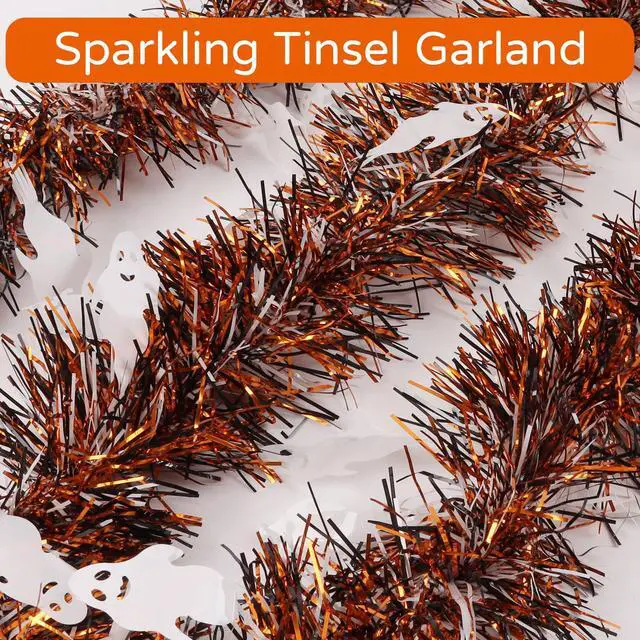 Alt view image 3 of 7 - 33ft Halloween Tinsel Garland Decorations, Cute Ghost Tinsel Garland Orange Black White Twist Decorations for Home Tree Mantle Golf Cart Indoor Outdoor Party Decor