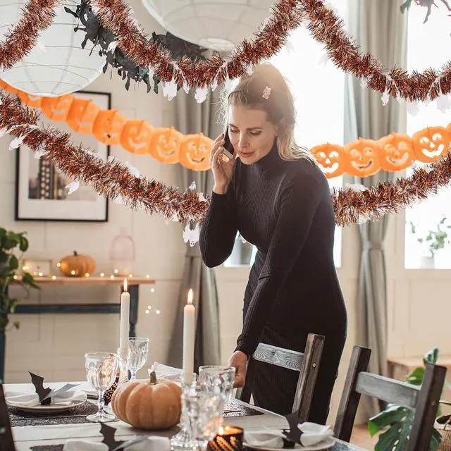 Alt view image 4 of 7 - 33ft Halloween Tinsel Garland Decorations, Cute Ghost Tinsel Garland Orange Black White Twist Decorations for Home Tree Mantle Golf Cart Indoor Outdoor Party Decor