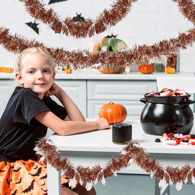 Alt view image 5 of 7 - 33ft Halloween Tinsel Garland Decorations, Cute Ghost Tinsel Garland Orange Black White Twist Decorations for Home Tree Mantle Golf Cart Indoor Outdoor Party Decor