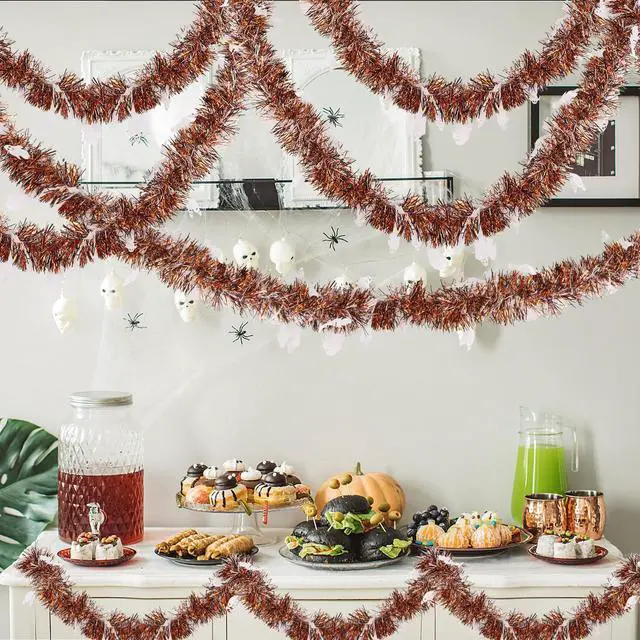 Alt view image 6 of 7 - 33ft Halloween Tinsel Garland Decorations, Cute Ghost Tinsel Garland Orange Black White Twist Decorations for Home Tree Mantle Golf Cart Indoor Outdoor Party Decor