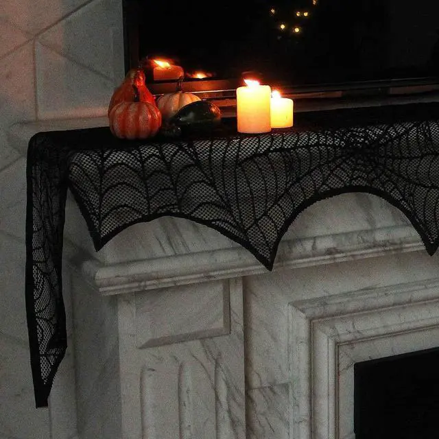 Alt view image 4 of 6 - Halloween Fireplace Decorations, Fireplace Mantle Scarf Cover, Black Lace Spider Web for Door, Window and Flowerbeds Decoration, Halloween Party Supplies