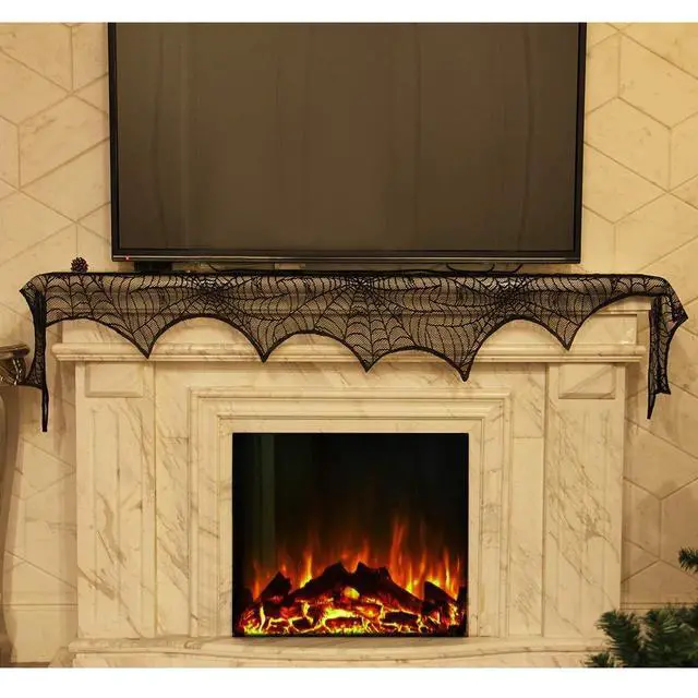 Alt view image 3 of 6 - Halloween Fireplace Decorations, Fireplace Mantle Scarf Cover, Black Lace Spider Web for Door, Window and Flowerbeds Decoration, Halloween Party Supplies