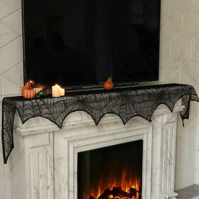 Alt view image 6 of 6 - Halloween Fireplace Decorations, Fireplace Mantle Scarf Cover, Black Lace Spider Web for Door, Window and Flowerbeds Decoration, Halloween Party Supplies