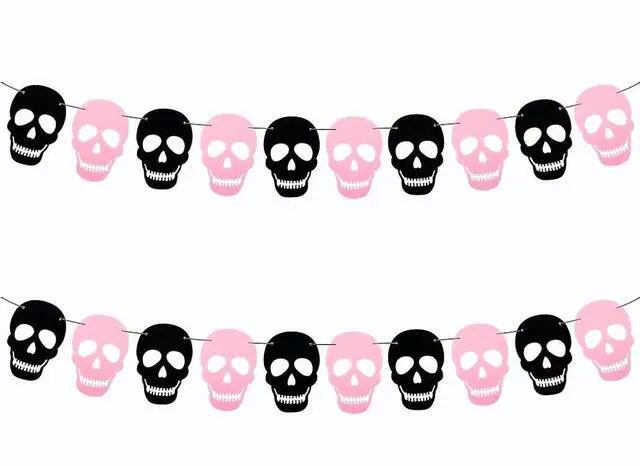 Main image of 2 Pack Black Pink Skull Garland Banner Felt Skeleton Garland Halloween Banner for DIY Gothic Decorations Halloween Home Decor
