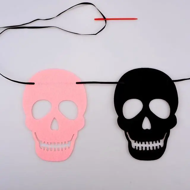 Alt view image 5 of 5 - 2 Pack Black Pink Skull Garland Banner Felt Skeleton Garland Halloween Banner for DIY Gothic Decorations Halloween Home Decor