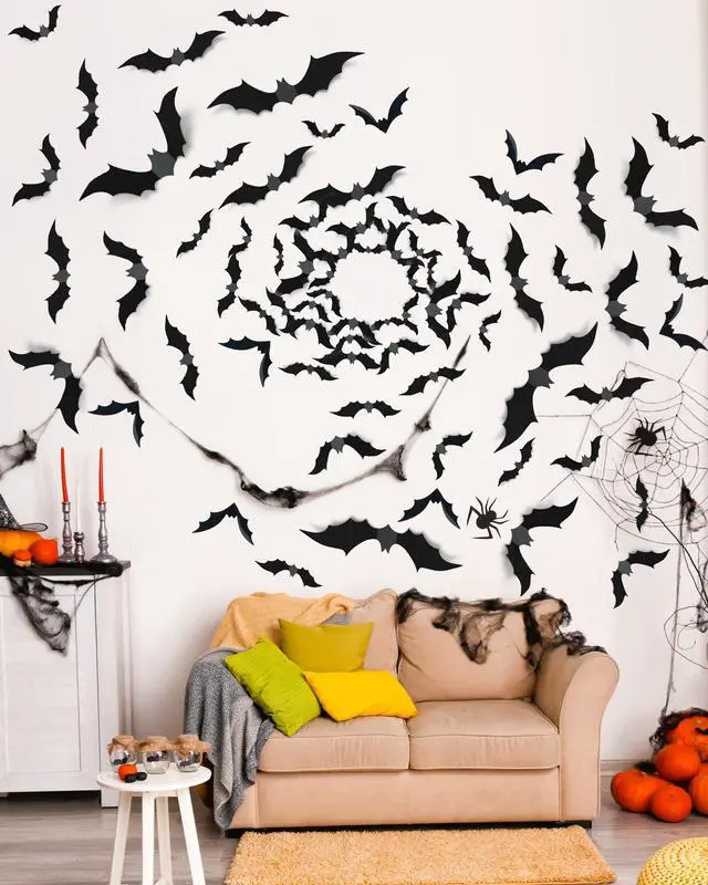 Alt view image 2 of 7 - 120 Pcs 3D Halloween Decorations Bats Decor,5 Sizes Bats Wall Decor Indoor | Scary Bat Stickers, Halloween Decorations for Bedroom Bathroom, Door Wall Party Decorations