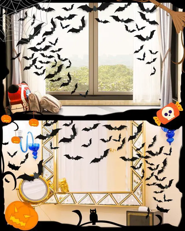 Alt view image 4 of 7 - 120 Pcs 3D Halloween Decorations Bats Decor,5 Sizes Bats Wall Decor Indoor | Scary Bat Stickers, Halloween Decorations for Bedroom Bathroom, Door Wall Party Decorations