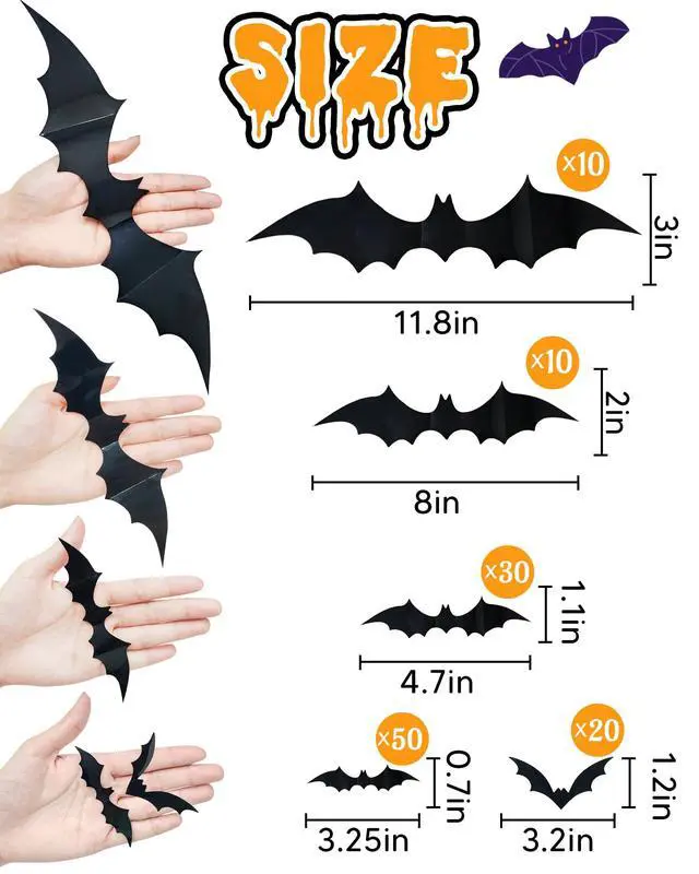 Alt view image 5 of 7 - 120 Pcs 3D Halloween Decorations Bats Decor,5 Sizes Bats Wall Decor Indoor | Scary Bat Stickers, Halloween Decorations for Bedroom Bathroom, Door Wall Party Decorations
