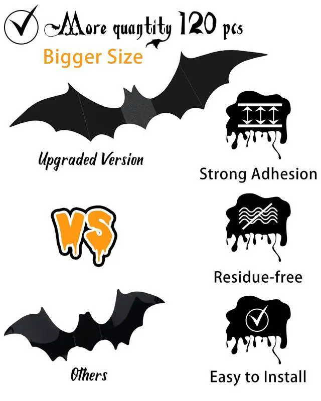 Alt view image 7 of 7 - 120 Pcs 3D Halloween Decorations Bats Decor,5 Sizes Bats Wall Decor Indoor | Scary Bat Stickers, Halloween Decorations for Bedroom Bathroom, Door Wall Party Decorations