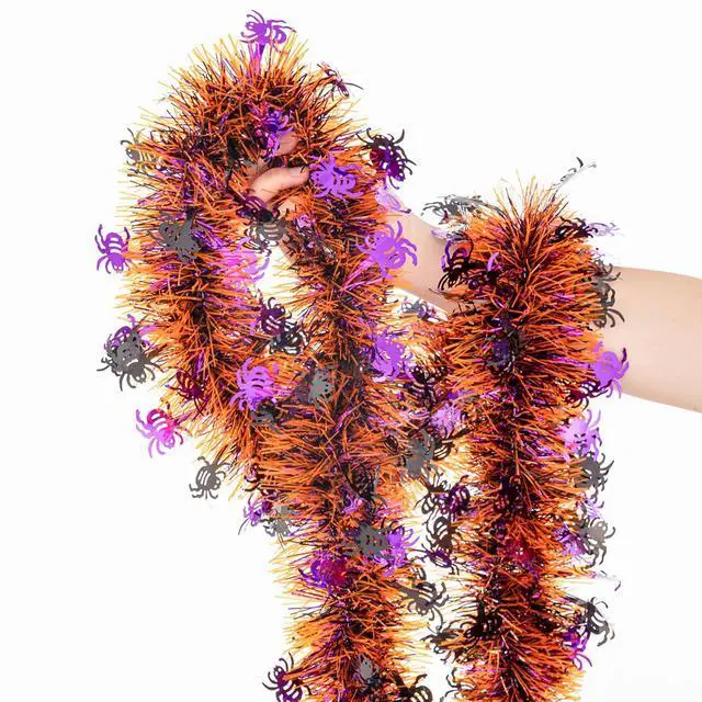Main image of 33FT Halloween Tinsel Garland, Metallic Twist Foil Tinsel Garland with Black Purple Spider Ornament Shiny Hanging Garland for Halloween Party Indoor Outdoor Decoration