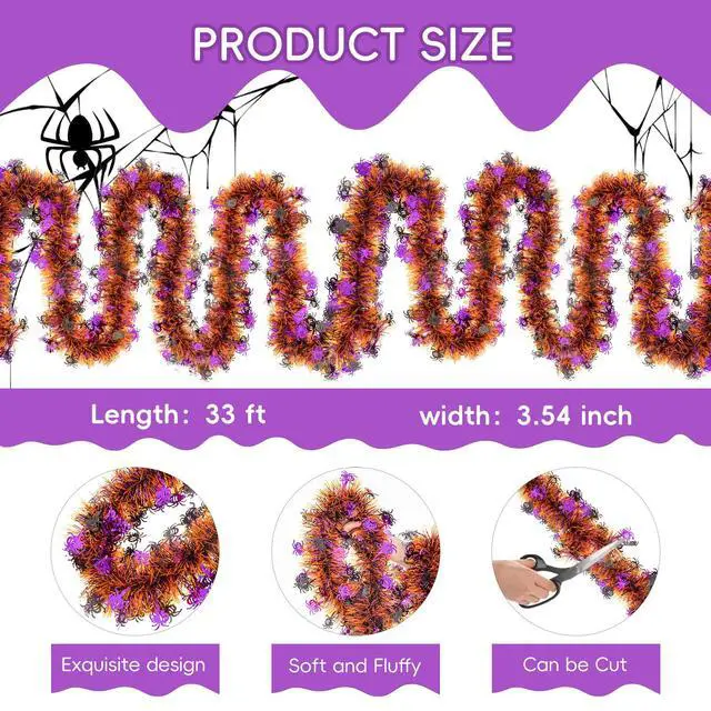 Alt view image 2 of 7 - 33FT Halloween Tinsel Garland, Metallic Twist Foil Tinsel Garland with Black Purple Spider Ornament Shiny Hanging Garland for Halloween Party Indoor Outdoor Decoration