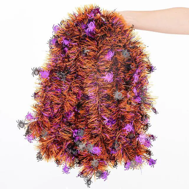 Alt view image 3 of 7 - 33FT Halloween Tinsel Garland, Metallic Twist Foil Tinsel Garland with Black Purple Spider Ornament Shiny Hanging Garland for Halloween Party Indoor Outdoor Decoration