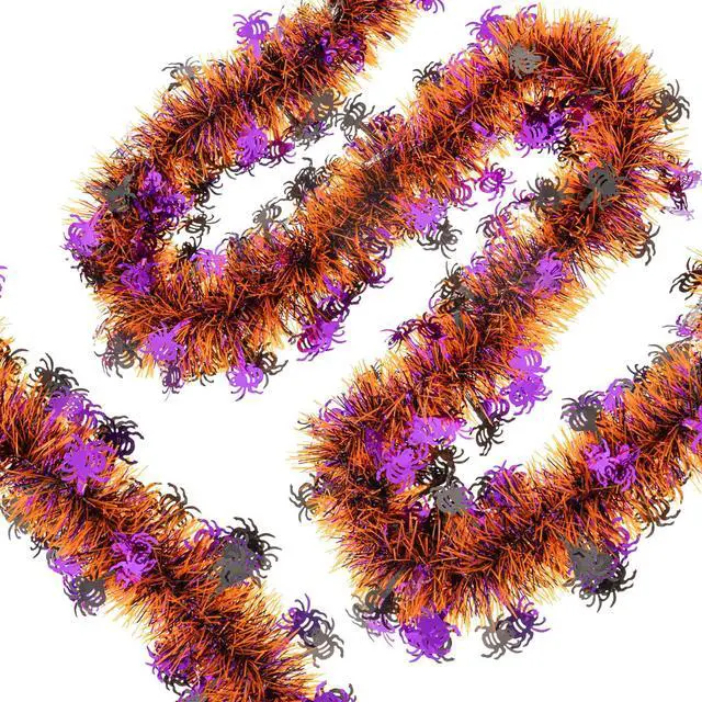 Alt view image 4 of 7 - 33FT Halloween Tinsel Garland, Metallic Twist Foil Tinsel Garland with Black Purple Spider Ornament Shiny Hanging Garland for Halloween Party Indoor Outdoor Decoration
