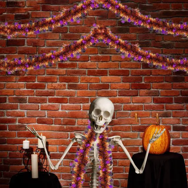Alt view image 6 of 7 - 33FT Halloween Tinsel Garland, Metallic Twist Foil Tinsel Garland with Black Purple Spider Ornament Shiny Hanging Garland for Halloween Party Indoor Outdoor Decoration