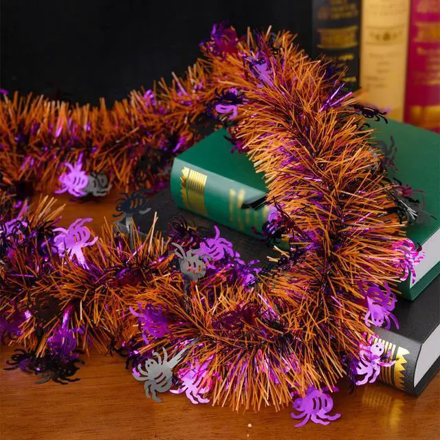 Alt view image 5 of 7 - 33FT Halloween Tinsel Garland, Metallic Twist Foil Tinsel Garland with Black Purple Spider Ornament Shiny Hanging Garland for Halloween Party Indoor Outdoor Decoration