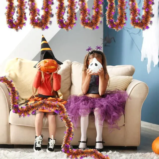 Alt view image 7 of 7 - 33FT Halloween Tinsel Garland, Metallic Twist Foil Tinsel Garland with Black Purple Spider Ornament Shiny Hanging Garland for Halloween Party Indoor Outdoor Decoration