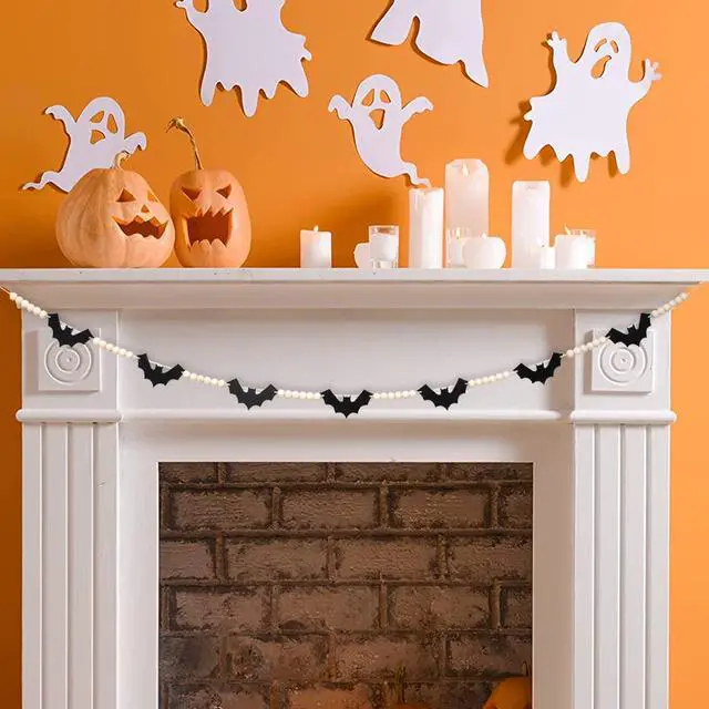 Alt view image 2 of 6 - Halloween Wood Felt Bat Garland for Halloween Decorations Indoor | Farmhouse Bat Garland Banner with Wood Beads for Fireplace, Mantel, Walls, Windows and Halloween Party Decorations.
