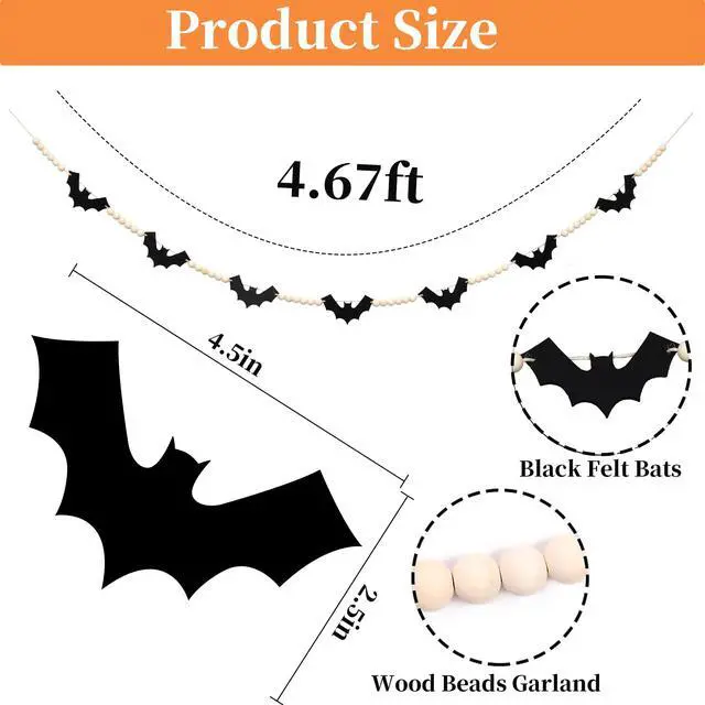Alt view image 3 of 6 - Halloween Wood Felt Bat Garland for Halloween Decorations Indoor | Farmhouse Bat Garland Banner with Wood Beads for Fireplace, Mantel, Walls, Windows and Halloween Party Decorations.