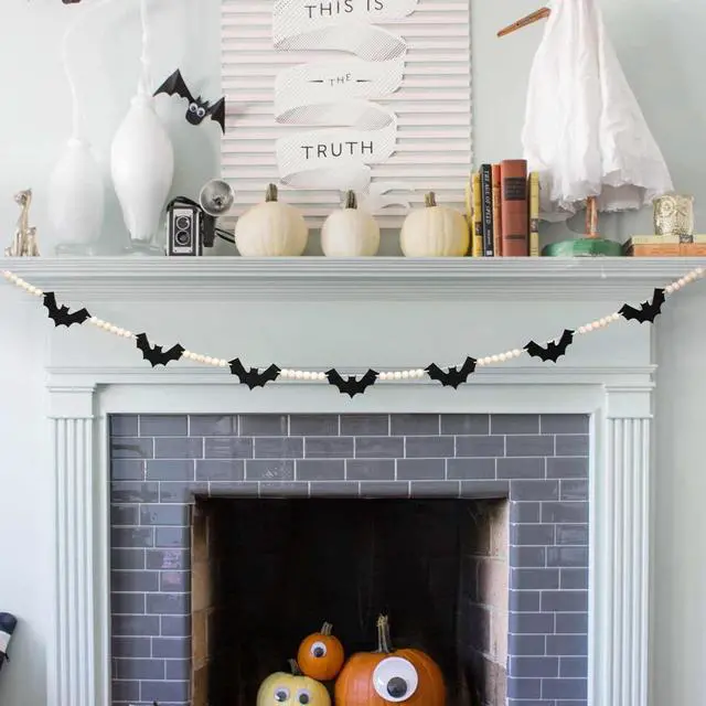 Alt view image 5 of 6 - Halloween Wood Felt Bat Garland for Halloween Decorations Indoor | Farmhouse Bat Garland Banner with Wood Beads for Fireplace, Mantel, Walls, Windows and Halloween Party Decorations.