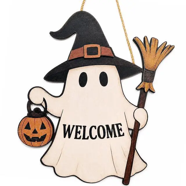 Main image of Halloween Decorations - Halloween Wooden Ghost Welcome Sign for Front Door | Cute Ghost Garland Door Sign Hanging Decor - Halloween Wreaths| Halloween Party Favors Supplies for Door Wall Decor