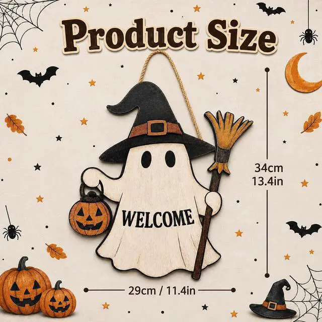 Alt view image 4 of 6 - Halloween Decorations - Halloween Wooden Ghost Welcome Sign for Front Door | Cute Ghost Garland Door Sign Hanging Decor - Halloween Wreaths| Halloween Party Favors Supplies for Door Wall Decor