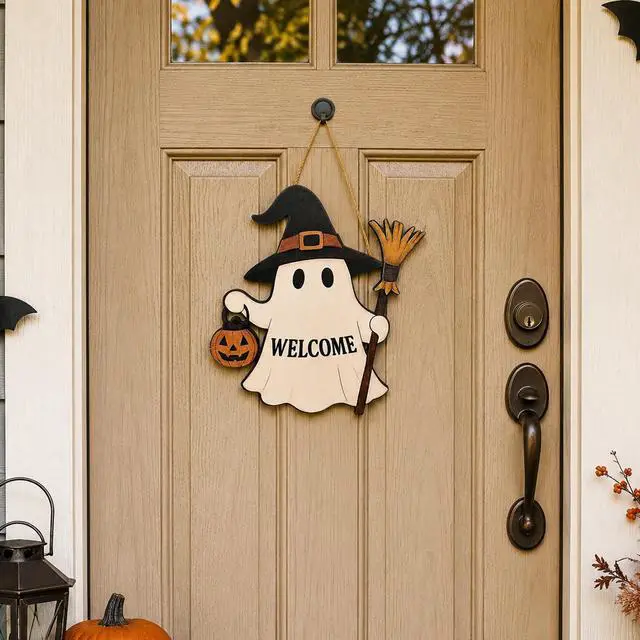 Alt view image 5 of 6 - Halloween Decorations - Halloween Wooden Ghost Welcome Sign for Front Door | Cute Ghost Garland Door Sign Hanging Decor - Halloween Wreaths| Halloween Party Favors Supplies for Door Wall Decor