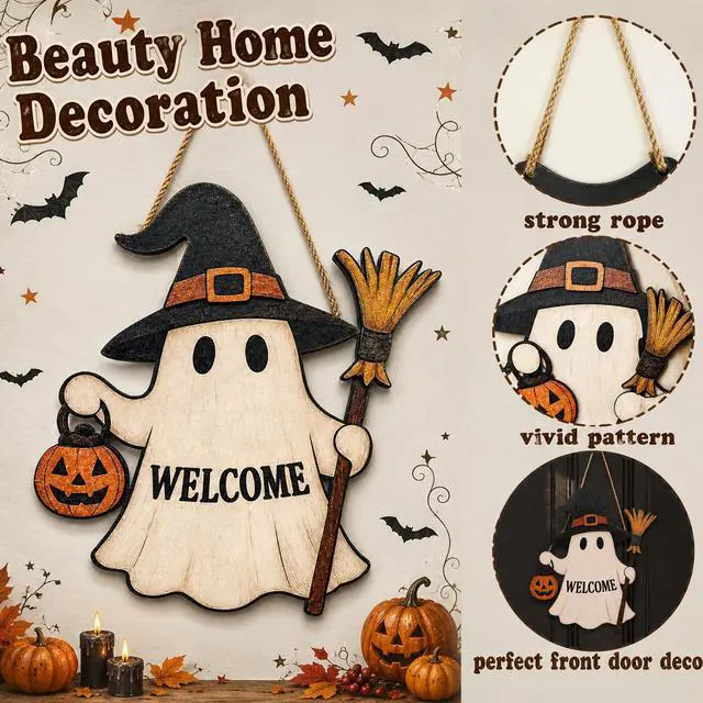 Alt view image 3 of 6 - Halloween Decorations - Halloween Wooden Ghost Welcome Sign for Front Door | Cute Ghost Garland Door Sign Hanging Decor - Halloween Wreaths| Halloween Party Favors Supplies for Door Wall Decor