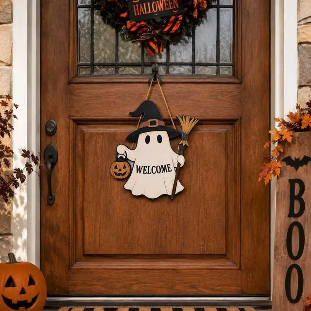 Alt view image 6 of 6 - Halloween Decorations - Halloween Wooden Ghost Welcome Sign for Front Door | Cute Ghost Garland Door Sign Hanging Decor - Halloween Wreaths| Halloween Party Favors Supplies for Door Wall Decor