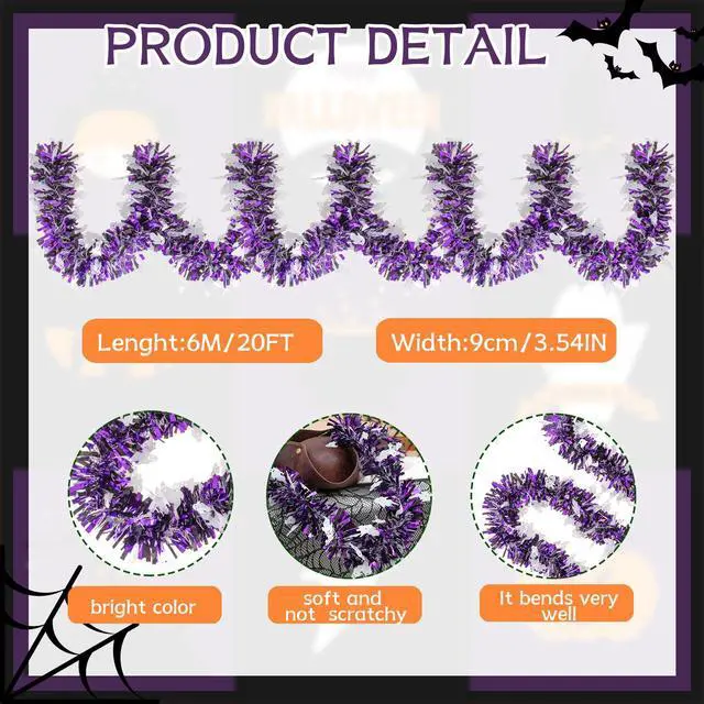Alt view image 2 of 7 - 20FT/6M Halloween Tinsel Garland, Ghost Metallic Twist Foil Tinsel Garland Ghost Shiny Hanging Decorations for Halloween Party Decoration Supply