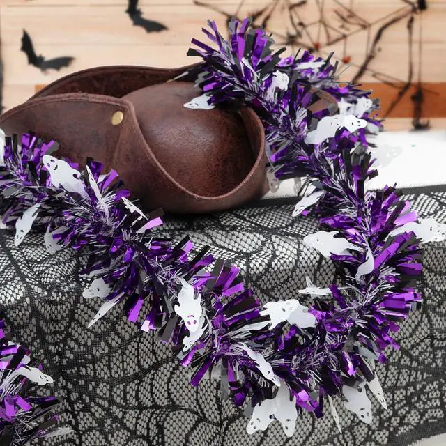 Alt view image 4 of 7 - 20FT/6M Halloween Tinsel Garland, Ghost Metallic Twist Foil Tinsel Garland Ghost Shiny Hanging Decorations for Halloween Party Decoration Supply