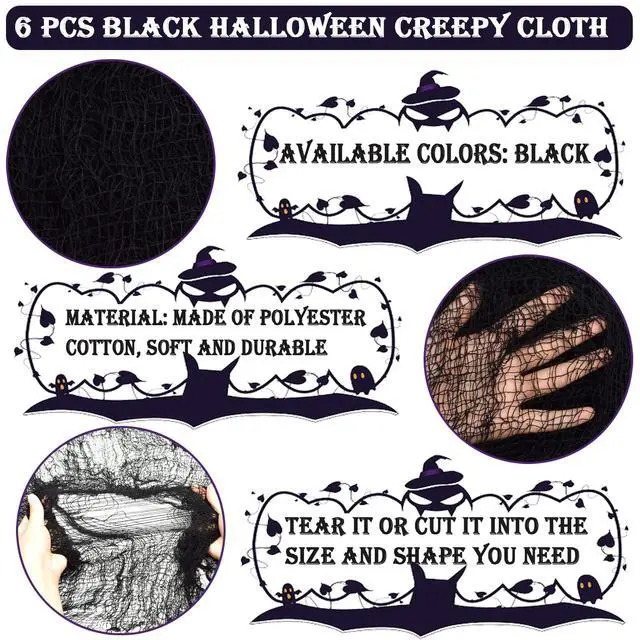 Alt view image 3 of 7 - 6 Pack Black Halloween Creepy Cloth 30 × 75 Inch - Halloween Cheesecloth Decoration Spooky Scary Gauze Black Cheese Cloth for Party Supplies Outdoor Yard Home Wall Doorway