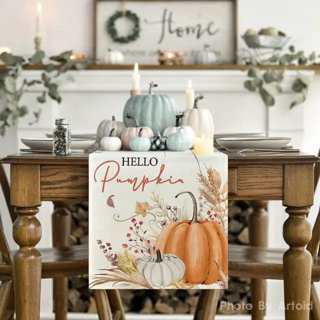 Alt view image 2 of 7 - 210 GSM Fall Table Runner Home Party Decor 13x72 Inch | Hello Pumpkin Flowers Leaves, Seasonal Kitchen Dining Table Decoration