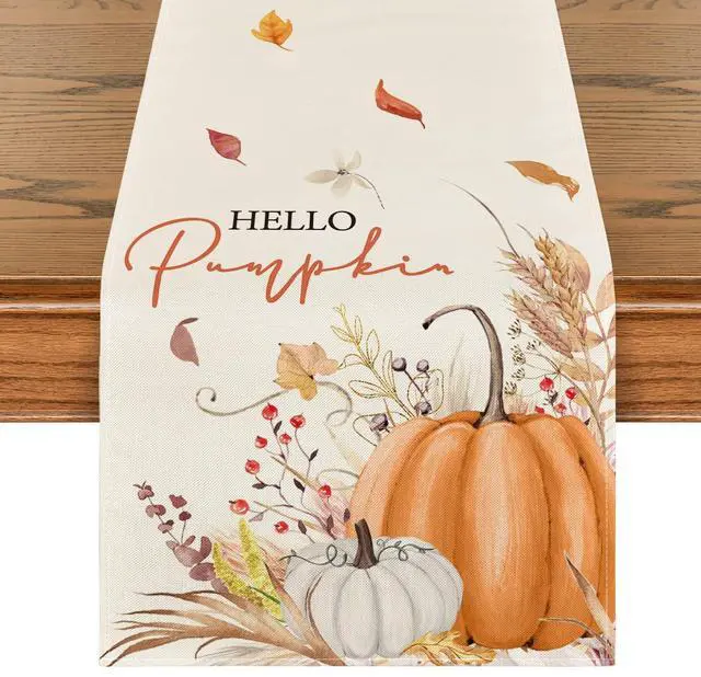 Main image of 210 GSM Fall Table Runner Home Party Decor 13x72 Inch | Hello Pumpkin Flowers Leaves, Seasonal Kitchen Dining Table Decoration