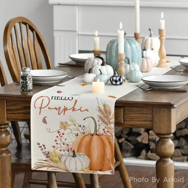 Alt view image 3 of 7 - 210 GSM Fall Table Runner Home Party Decor 13x72 Inch | Hello Pumpkin Flowers Leaves, Seasonal Kitchen Dining Table Decoration