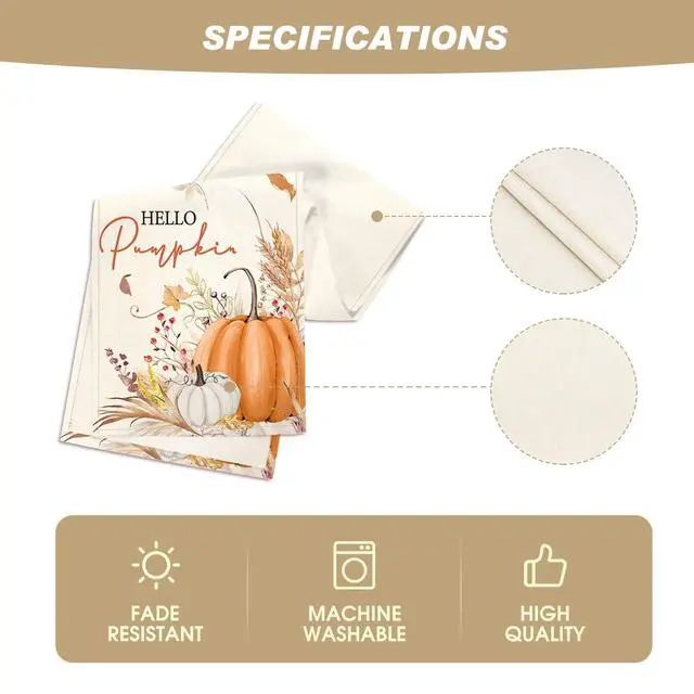 Alt view image 5 of 7 - 210 GSM Fall Table Runner Home Party Decor 13x72 Inch | Hello Pumpkin Flowers Leaves, Seasonal Kitchen Dining Table Decoration
