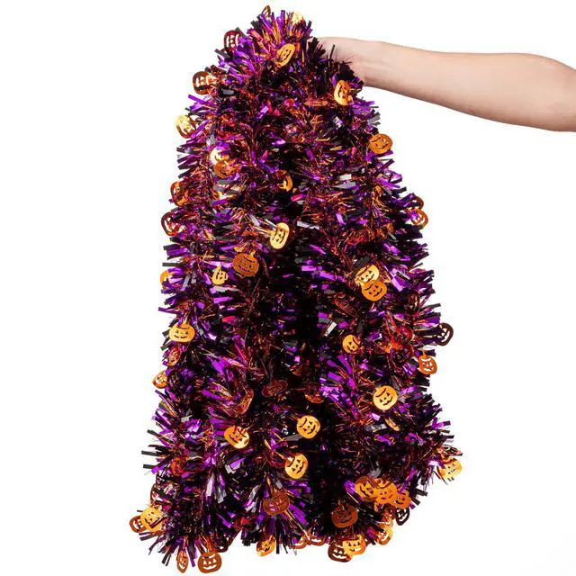 Alt view image 3 of 6 - 33ft Halloween Tinsel Garland, Metallic Twisted Tinsel Garland Pumpkin Hanging Garland Decoration for Home Tree Fireplace Mantle Home Party Decor