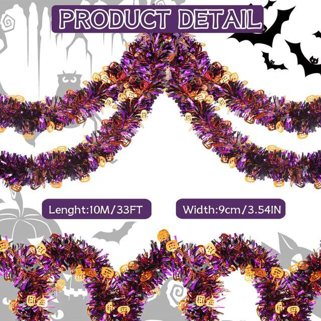 Alt view image 2 of 6 - 33ft Halloween Tinsel Garland, Metallic Twisted Tinsel Garland Pumpkin Hanging Garland Decoration for Home Tree Fireplace Mantle Home Party Decor