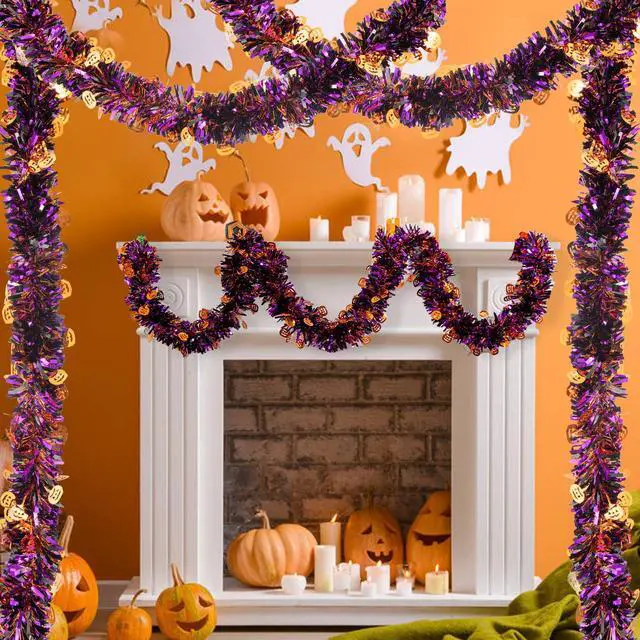 Alt view image 4 of 6 - 33ft Halloween Tinsel Garland, Metallic Twisted Tinsel Garland Pumpkin Hanging Garland Decoration for Home Tree Fireplace Mantle Home Party Decor