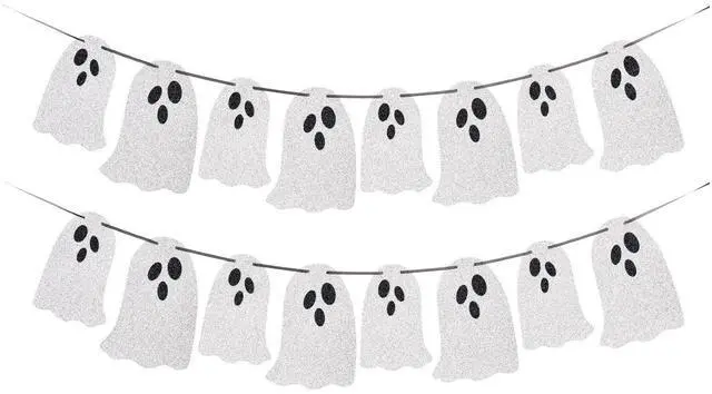 Main image of (2 Packs) White Glitter Halloween Hanging Ghost Banner - Ideal for Halloween Party, Indoor & Outdoor Home Decor with Garland and Banner Styles