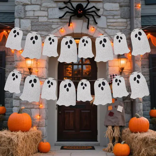 Alt view image 2 of 6 - (2 Packs) White Glitter Halloween Hanging Ghost Banner - Ideal for Halloween Party, Indoor & Outdoor Home Decor with Garland and Banner Styles