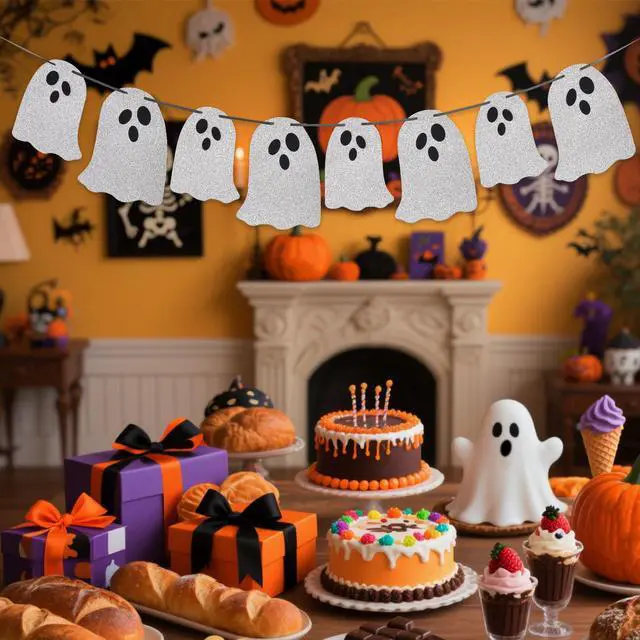 Alt view image 6 of 6 - (2 Packs) White Glitter Halloween Hanging Ghost Banner - Ideal for Halloween Party, Indoor & Outdoor Home Decor with Garland and Banner Styles