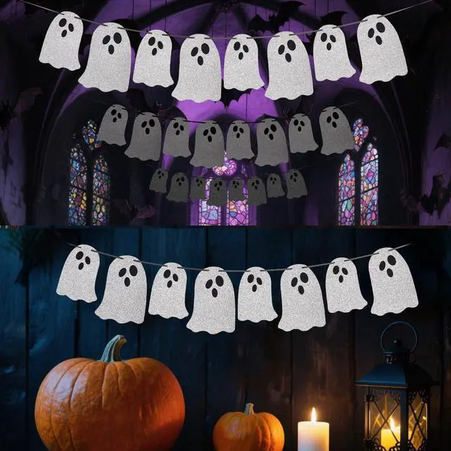 Alt view image 5 of 6 - (2 Packs) White Glitter Halloween Hanging Ghost Banner - Ideal for Halloween Party, Indoor & Outdoor Home Decor with Garland and Banner Styles